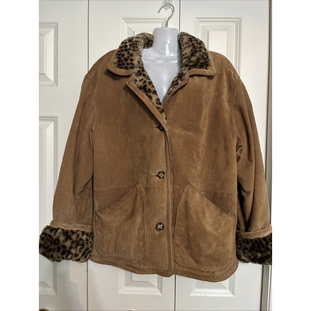 Women's Marvin Richards J. Percy Leather Faux Fur Coat Leopard Lining Sz XS Vtg